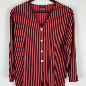 Silk House Red Black Vertical Stripes 100% Silk Button Down top, Small EUC